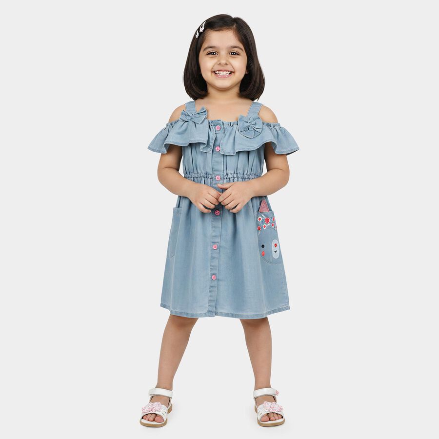 Girls' Light Blue Fit and Flare Ruffle Cold Shoulder Frock, हल्का नीला, large