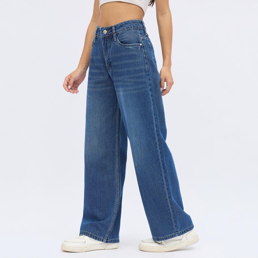 Women's Stonewashed Blue Wide Leg High-Rise Jeans, Mid Blue, large image number null