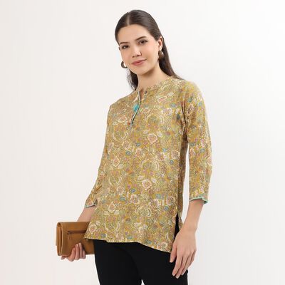 Women's Muted Mustard Yellow Mandarin Collar Floral Printed Kurti