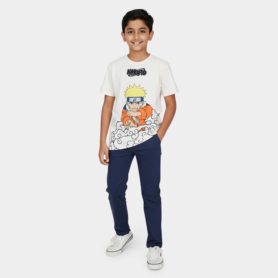 Boys' White Cotton Round Neck Casual T-Shirt, ऑफ व्हाइट, large