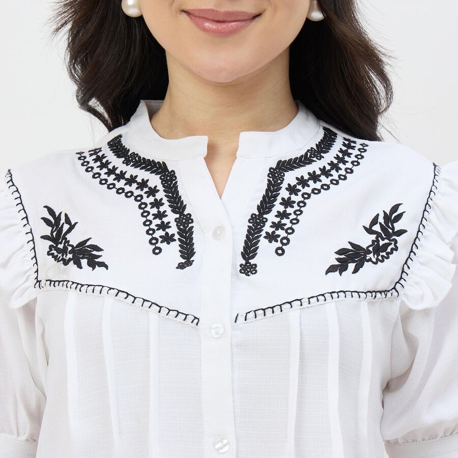 Women's Rich Eggshell White Mandarin Collar Classic Shirt, White, large