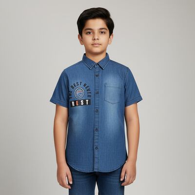 Boys' Denim Blue Half Sleeve Classic Collar Casual Shirt