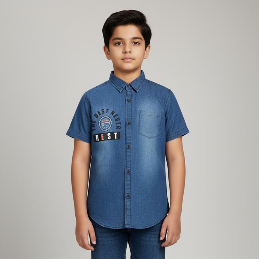 Boys' Denim Blue Half Sleeve Classic Collar Casual Shirt, मध्यम नीला, large image number null