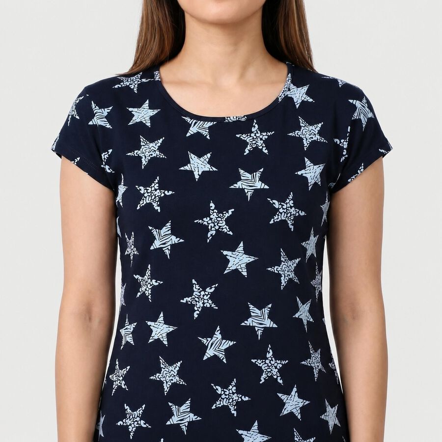 Women's Navy Blue Round Neck T-Shirt Style Nighty, नेवी ब्लू, large