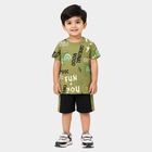 Boys Olive Green 100% Cotton Crew Neck Graphic Print Baba Suit, ओलिव, small