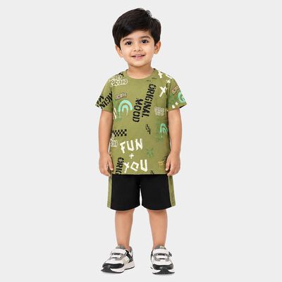 Boys Olive Green 100% Cotton Crew Neck Graphic Print Baba Suit