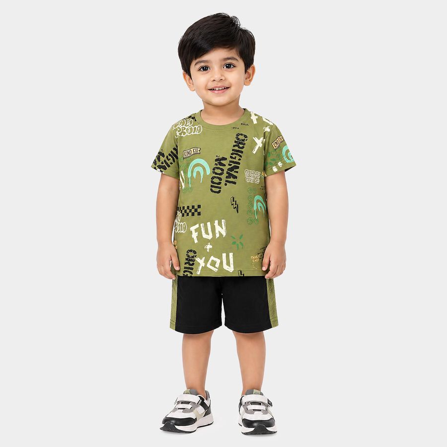 Boys Olive Green 100% Cotton Crew Neck Graphic Print Baba Suit, ओलिव, large