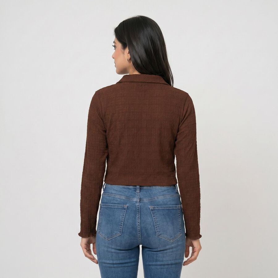 Women's Brown Collared Neck Crop Top, भूरा, large