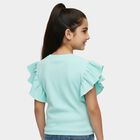 Girls' Mint Green Round Neck Graphic Printed Ruffle Sleeve T-Shirt, हल्का हरा, small