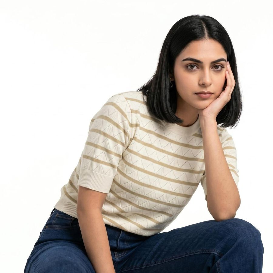 Women's Beige Cotton Round Neck Regular Top, Beige, large