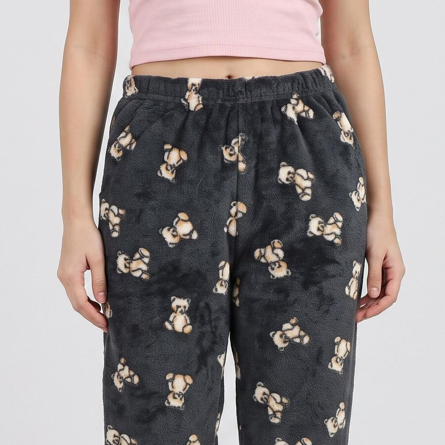 Women's Dark Grey Straight Fit Teddy Printed Lounge Pyjama, गहरा ग्रे, large