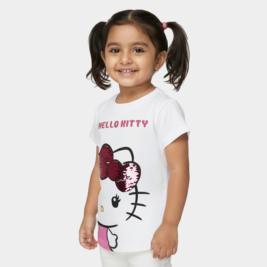 Girls White Cotton Round Neck Graphic T-Shirt, सफ़ेद, large