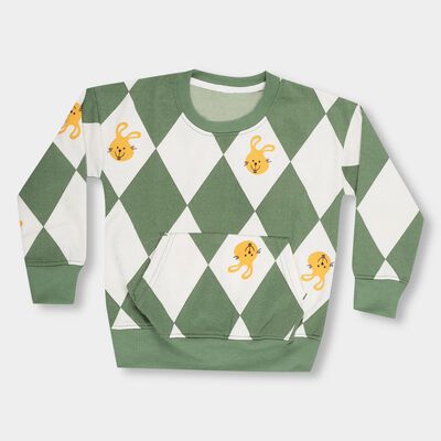 Boys Muted Olive Green Crew Neck Printed Sweatshirt