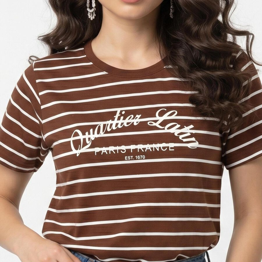Women's Brown Round Neck Regular T-Shirt, Brown, large