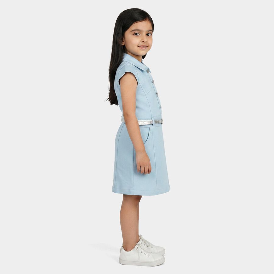 Girls' Light Blue Cotton Blend Casual Frock, हल्का नीला, large