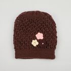 Women's Brown Floral Embellished Beanie Cap, भूरा, small
