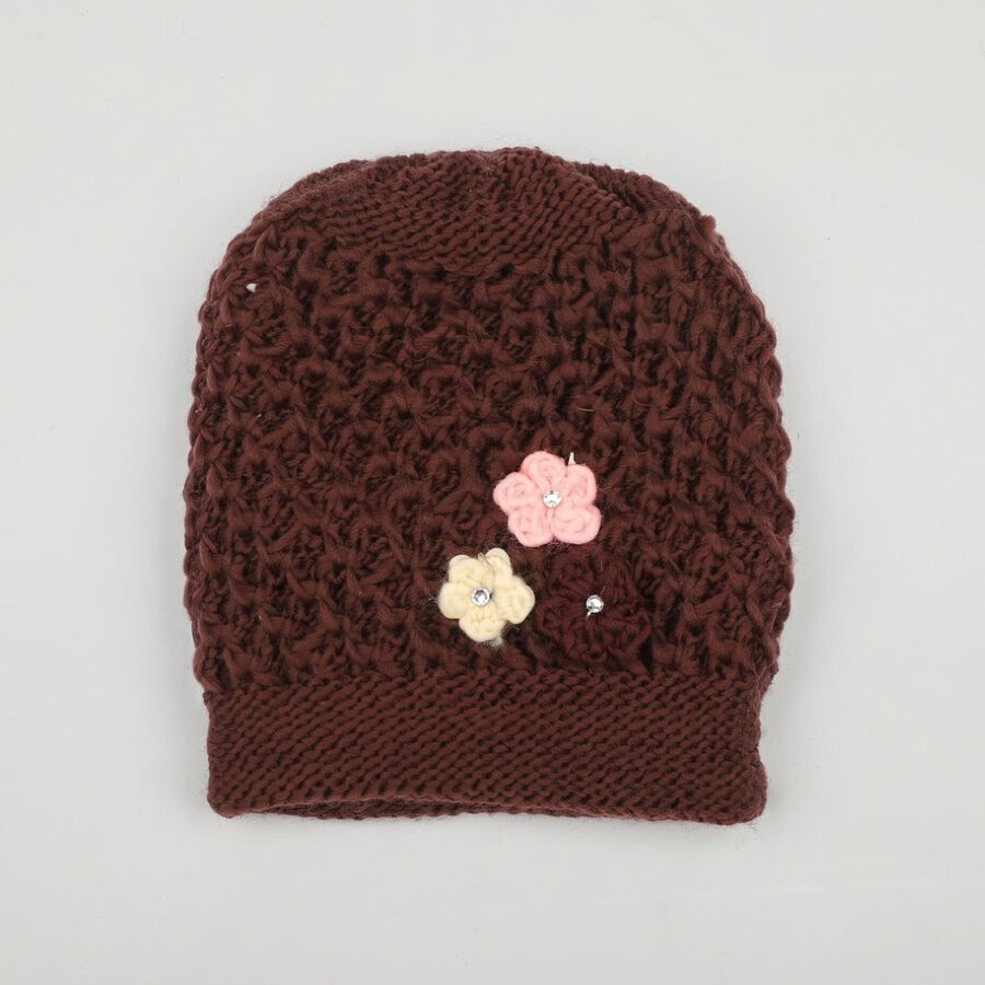 Women's Brown Floral Embellished Beanie Cap, भूरा, large