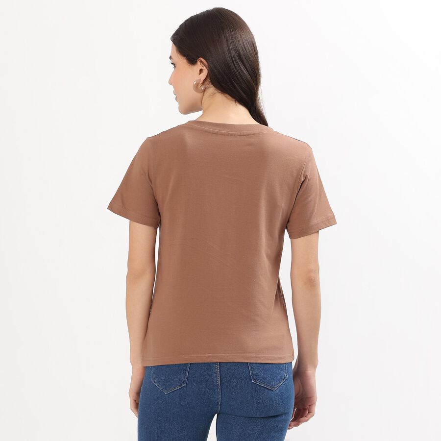 Women's Muted Brown Cotton Round Neck Casual T-Shirt, Brown, large
