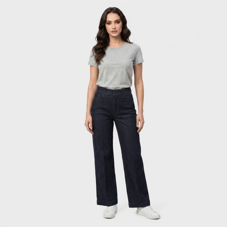 Women's Navy Blue Wide Leg Seam Detail Jeans, Dark Blue, large