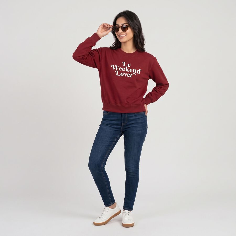 Women Maroon Crew Neck Pullover Sweatshirt, मरून, large