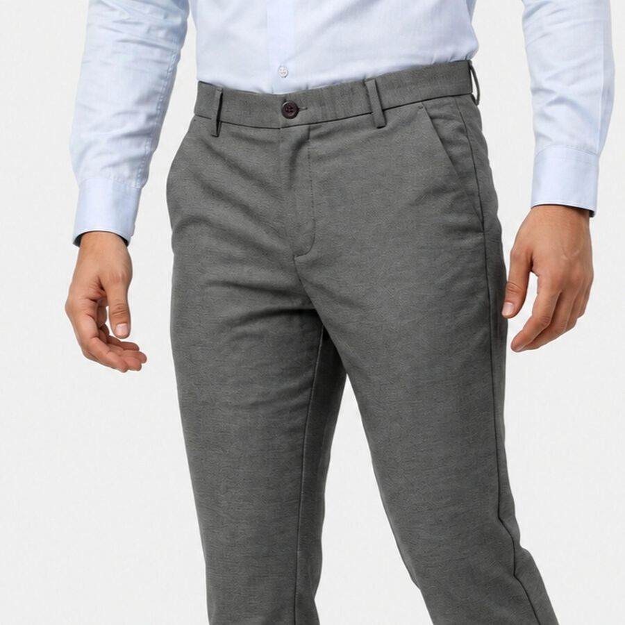 Men's Grey Slim Fit Flat-Front Casual Trousers, हल्का ग्रे, large