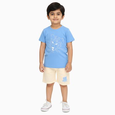 Boys' Blue Cotton Round Neck Embroidered Baba Suit