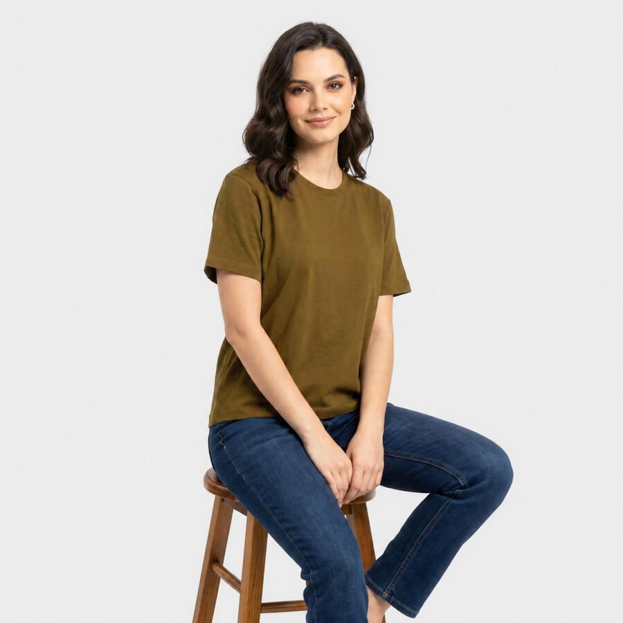Women's Olive Green Cotton Round Neck Regular T-Shirt, Olive, large