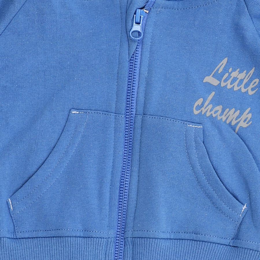 Infants' Blue Hoodie Cuff Sleeve Printed Baba Suit, Mid Blue, large image number null