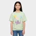 Girls' Mint Green Cotton Round Neck Regular T-Shirt, हल्का हरा, small