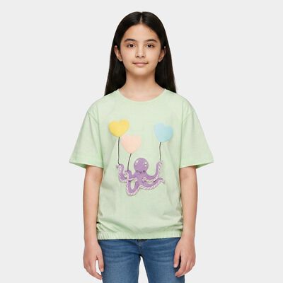 Girls' Mint Green Cotton Round Neck Regular T-Shirt