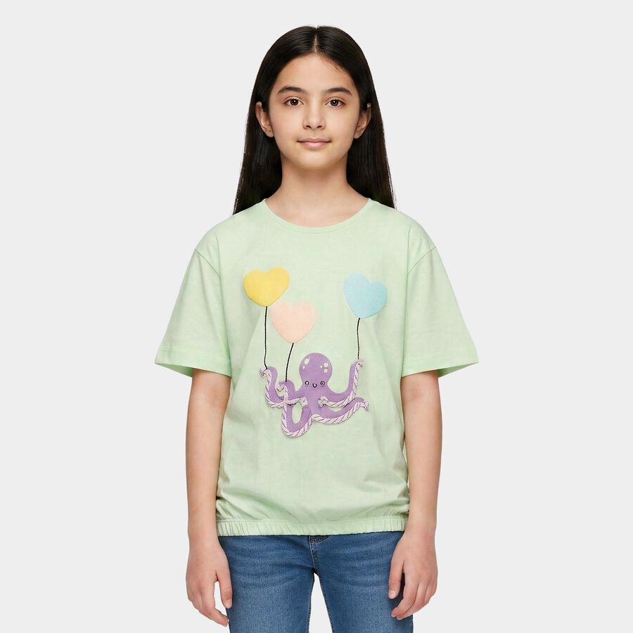 Girls' Mint Green Cotton Round Neck Regular T-Shirt, हल्का हरा, large
