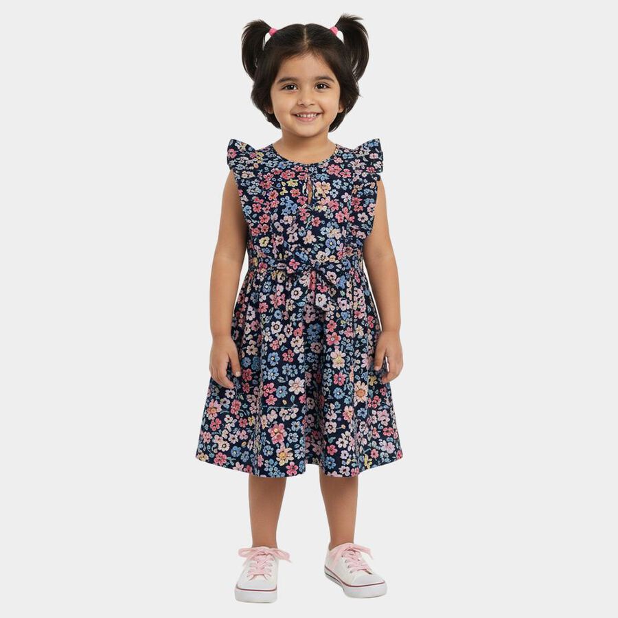 Girls' Navy Blue Floral Printed Sleeveless Frock, नेवी ब्लू, large