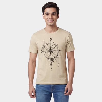 Men's Beige Round Neck Casual T-Shirt