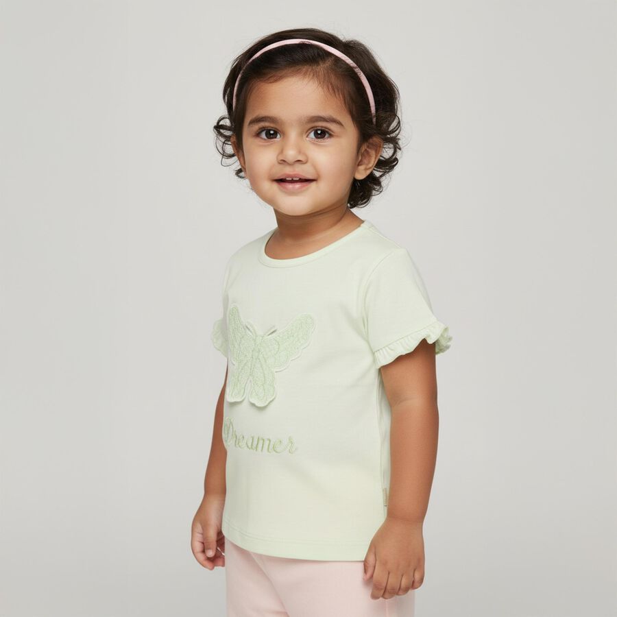 Infants' Pastel Green Cotton Round Neck Casual T-Shirt, हल्का हरा, large image number null