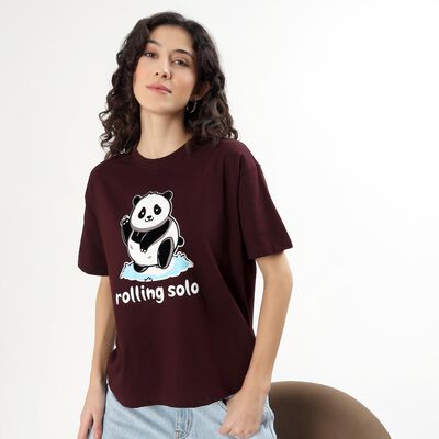 Women's Maroon Cotton Round Neck Casual T-Shirt