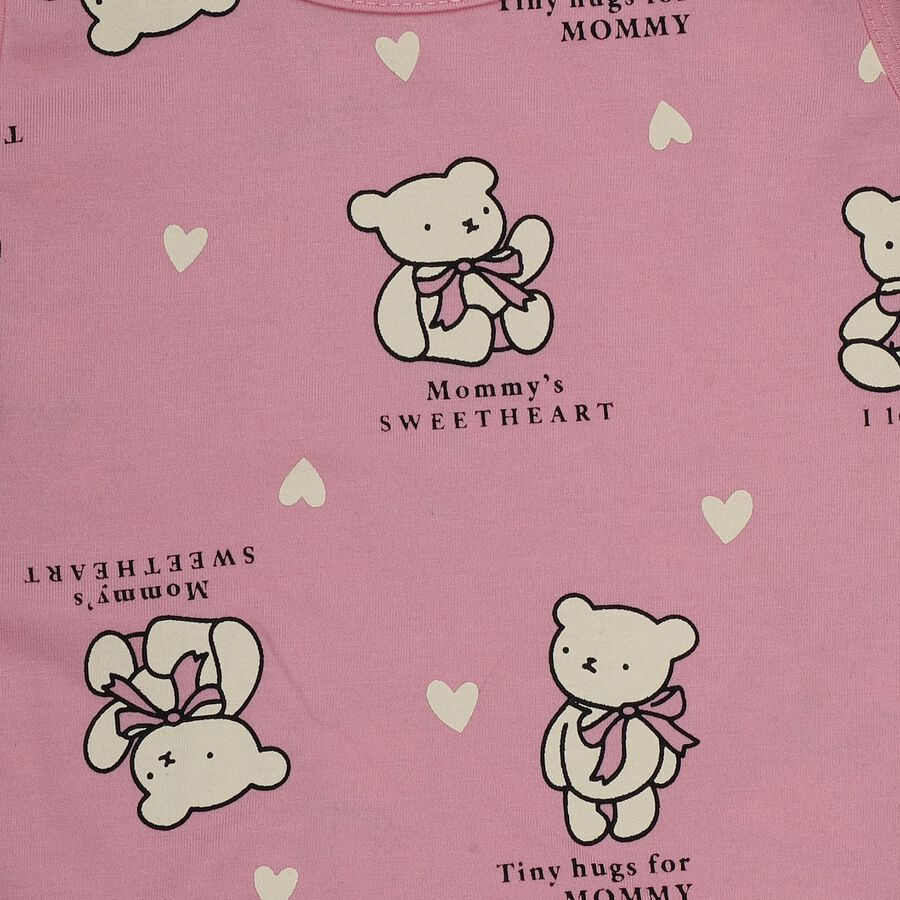 Girls' Pink Teddy Bear Printed Sleeveless A-Line Frock, गुलाबी, large