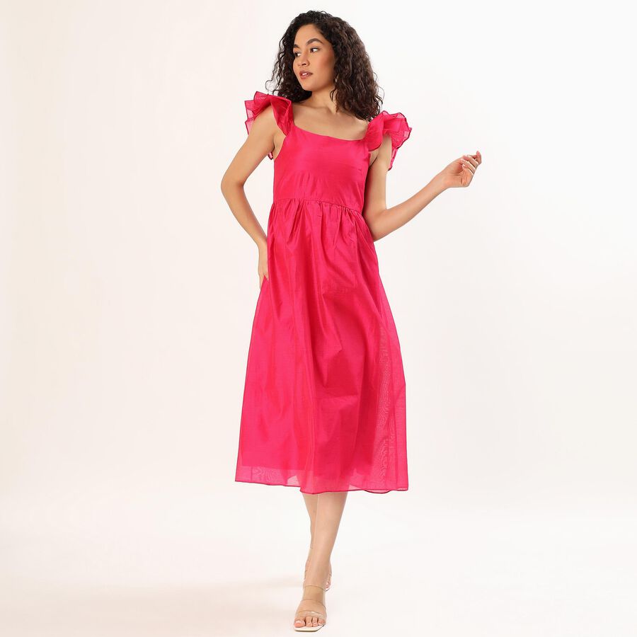 Women's Bright Pink Sleeveless Ruffle Midi Dress, Pink, large
