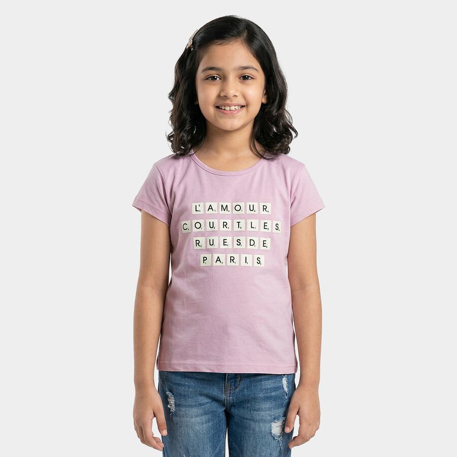 Girls Lilac Cotton Casual T-Shirt, लाइलेक, large