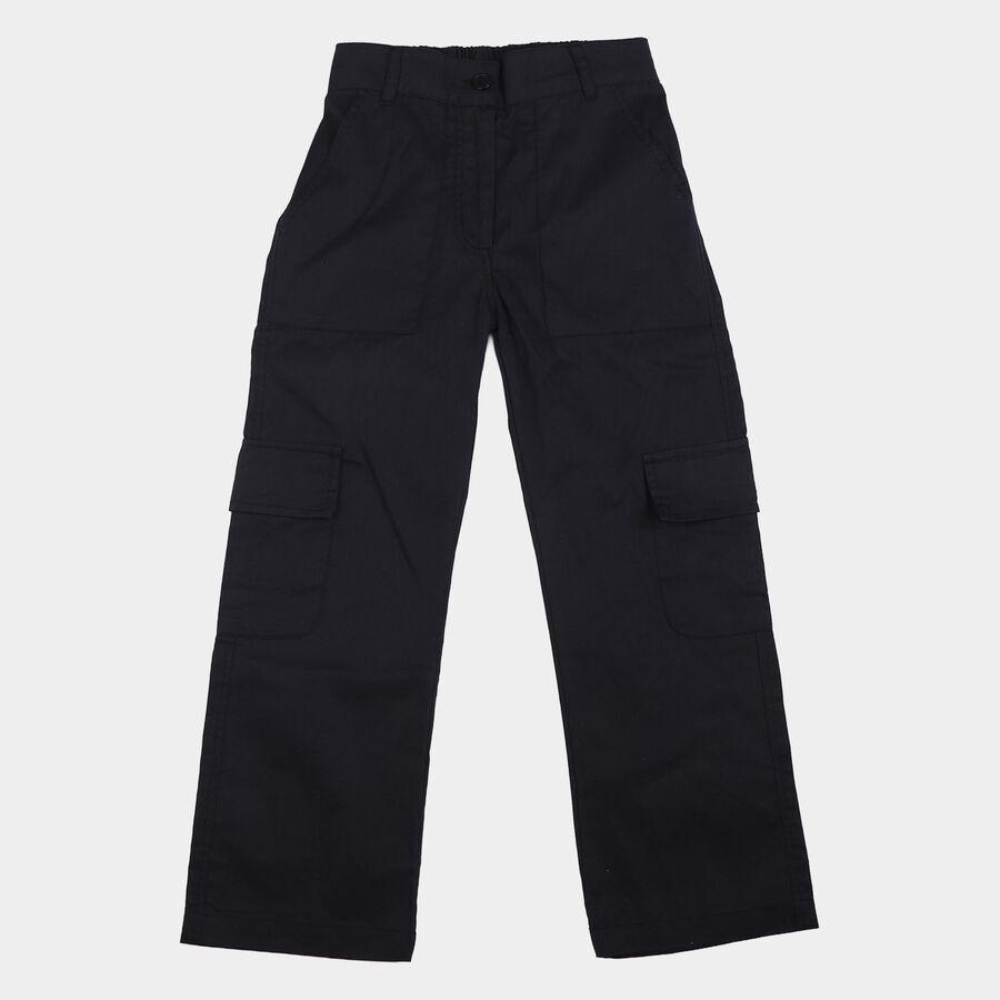 Girls' Navy Blue Straight Fit Cargo Jeans, नेवी ब्लू, large