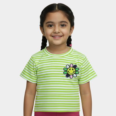 Girls Green Crew Neck Striped T-Shirt