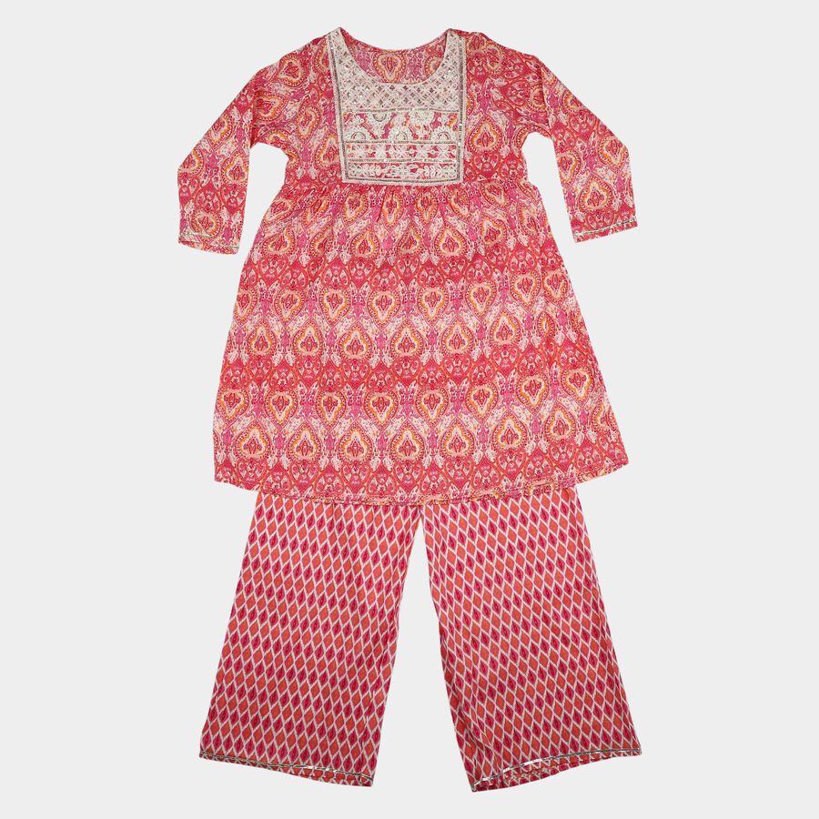 Girls Fuchsia Round Neck Fusion Set Upper and Bottom Set, Fuchsia, large