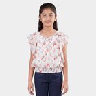 Girls White Round Neck Floral Printed T-Shirt, White, small