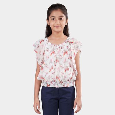 Girls White Round Neck Floral Printed T-Shirt