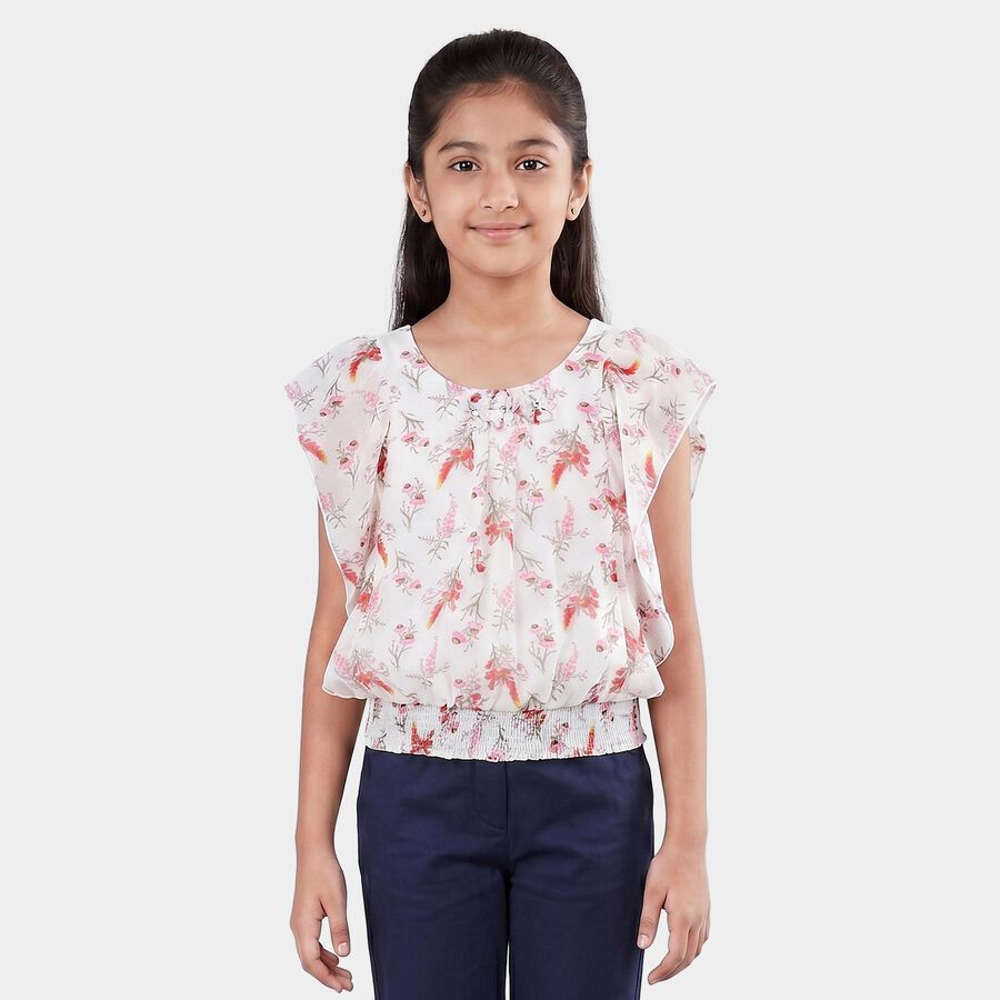 Girls White Round Neck Floral Printed T-Shirt, White, large