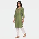 Women's Olive Green Round Neck Embroidered Kurta, हल्का हरा, small