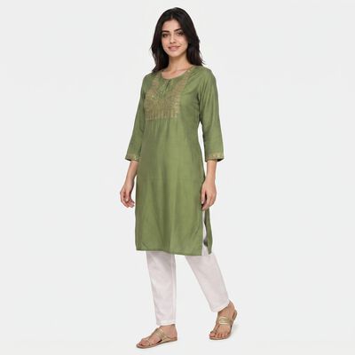 Women's Olive Green Round Neck Embroidered Kurta