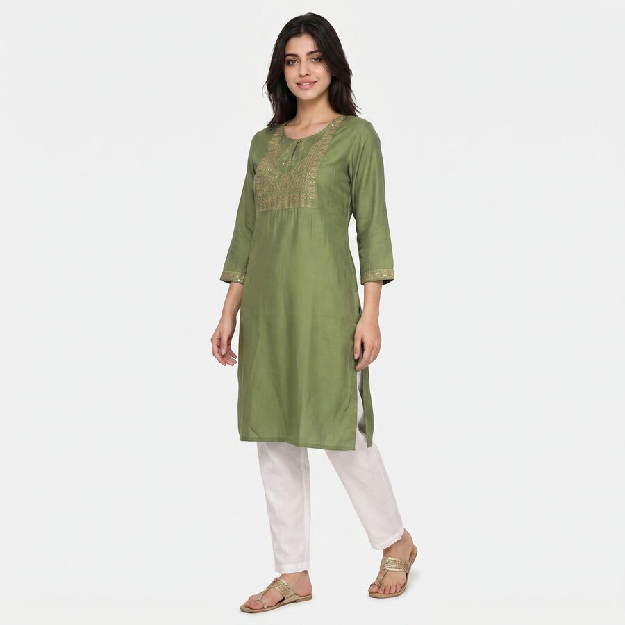 Women's Olive Green Round Neck Embroidered Kurta, हल्का हरा, large