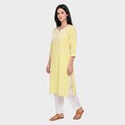 Women's Yellow Round Neck Embroidered Kurta, Yellow, small