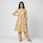 Women's Yellow V-Neck Floral Printed Kurta, Yellow, small