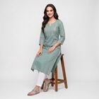 Women's Aqua Green Cotton Notch Neck Embroidered Kurta, Aqua, small